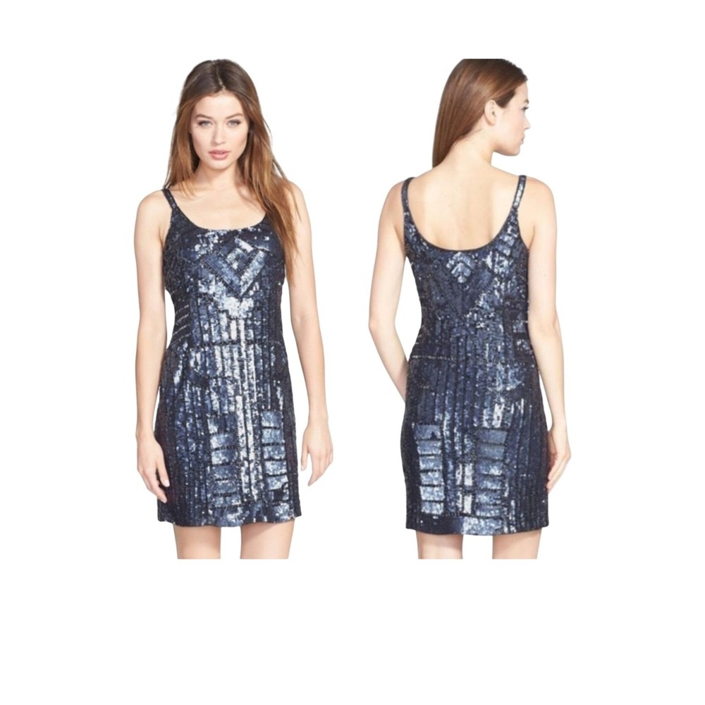 Adrianna Papell Navy Blue Sequin Art Deco Geometric Mini Dress Scoop Neck sz 10